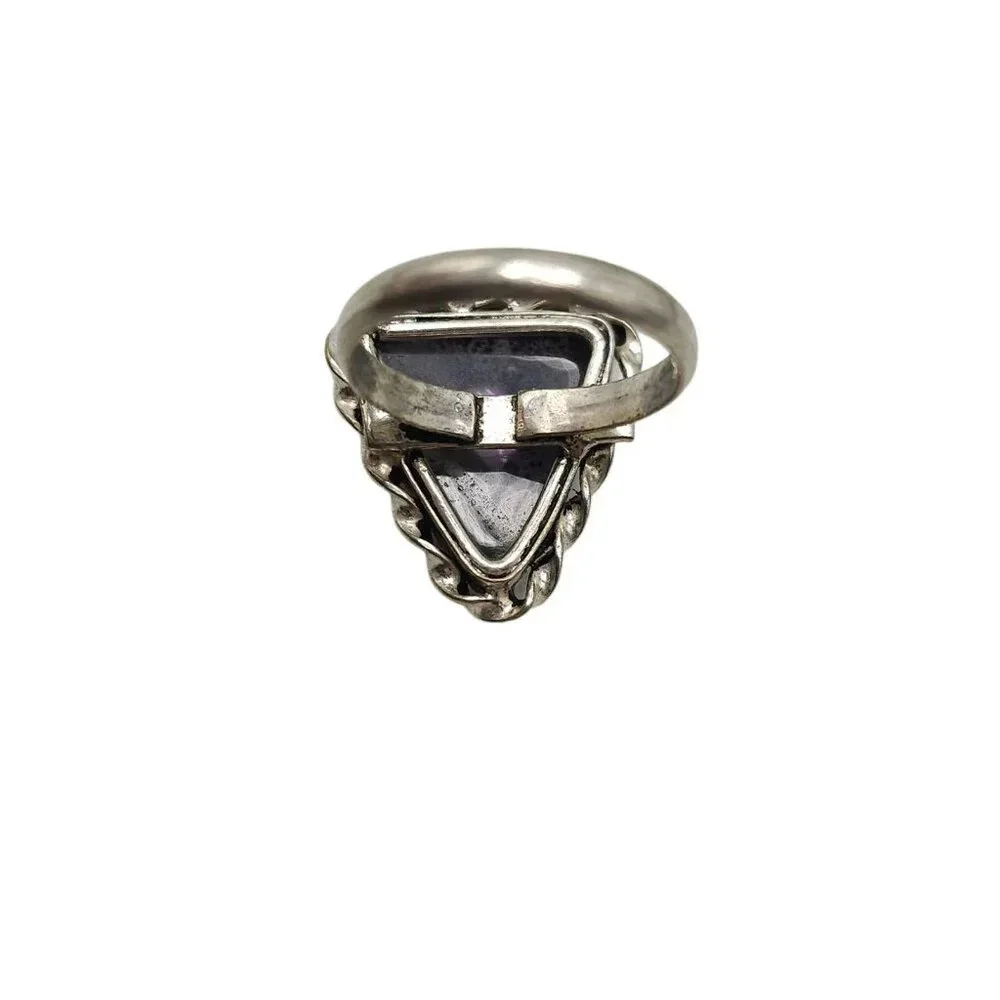 Purple Porcelain Jasper Triangle Ring Size 7.25 Silver Plated Vintage